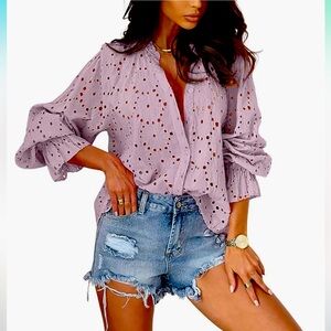 ChouYatou L Boho Crochet Lantern Sleeves Lavender Eyelet Button Down Blouse